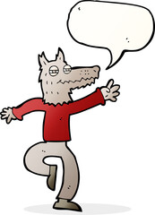 cartoon happy wolf man with speech bubble