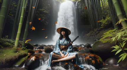 A Japanese woman in the depths of a bamboo forest by a body of water.