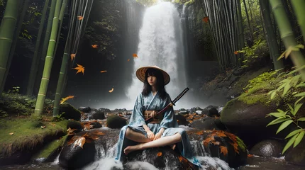 Rolgordijnen A Japanese woman in the depths of a bamboo forest by a body of water. © 哲勳 賴
