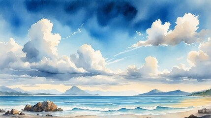 Watercolor painting illustration of panoramic landscape view of seascape with clouds from Generative AI - obrazy, fototapety, plakaty