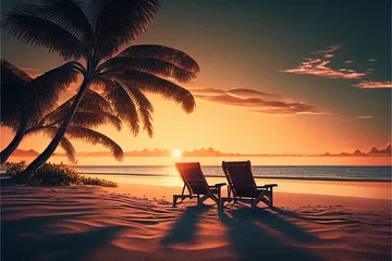 Foto op Aluminium Sun loungers on a picturesque tropical beach. AI generated. © StockMediaProduction