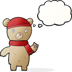 cartoon waving teddy bear with thought bubble