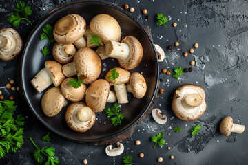 Obraz na płótnie Canvas Top view of fresh brown mushrooms with herbs on dark surface, ideal for culinary themes.