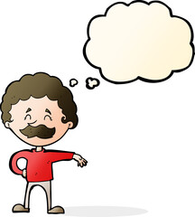 cartoon man making camp gesture with thought bubble