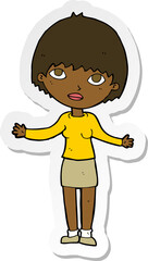 sticker of a cartoon woman shrugging