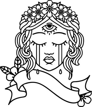 black linework tattoo with banner of female face with third eye crying