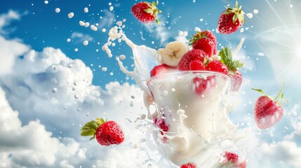 Obraz na płótnie Canvas Milk splash with strawberry Splash explosion in a clear glass cup with Bright sky background