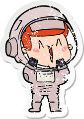distressed sticker of a happy cartoon astronaut