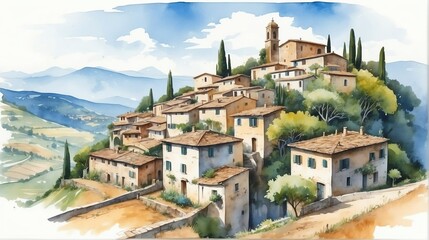 Watercolor painting illustration of panoramic landscape view of village in italy from Generative AI