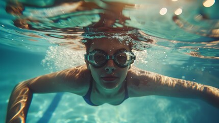 underwater selfie picture of a female swimmer in swimming suit and goggles training in swimming pool