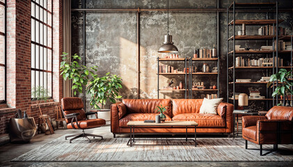 Interior of modern loft living room with brown leather sofa and bookshelf - obrazy, fototapety, plakaty