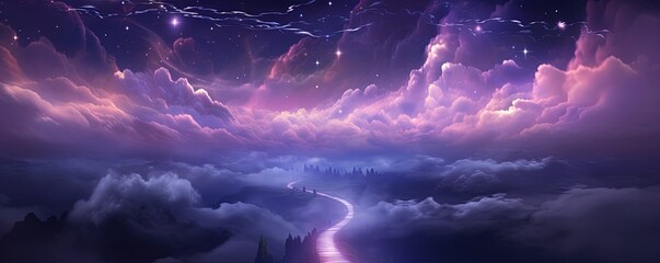Abstract magical pathway in the clouds. Purple shimmer firefly fairy lights. Glowing walk at night