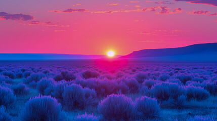 The sun sets in a vibrant pink and purple sky over a vast field of lavender