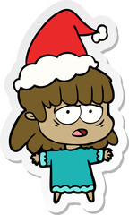 sticker cartoon of a tired woman wearing santa hat