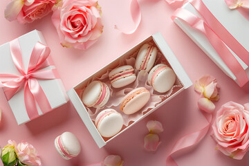 Top view of pastel macarons in gift box with pink roses, ideal for Valentine's or Mother's Day.