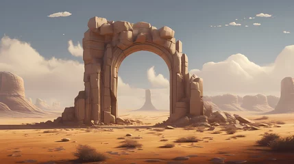Poster Desert landscape with ancient lost city ruins and huge door background © Derby