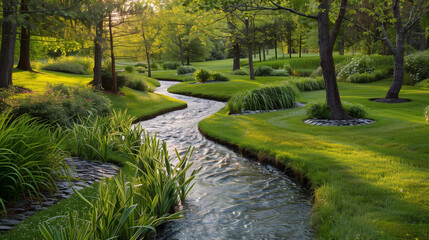 Serene landscape of a lush green park with a winding stream.