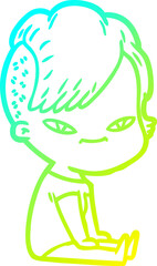 cold gradient line drawing cute cartoon girl with hipster haircut