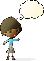 cartoon woman giving thumbs up symbol with thought bubble