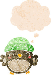 cute cartoon owl in hat and thought bubble in retro textured style
