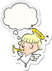 cartoon angel and thought bubble as a distressed worn sticker - 751467112