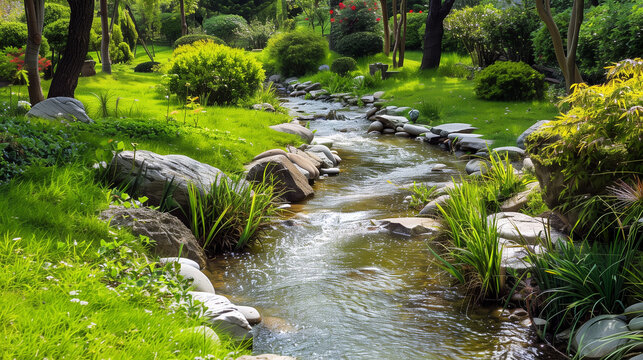 A serene garden stream with lush greenery and stepping stones, ideal for relaxation themes.