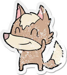 distressed sticker of a friendly cartoon wolf