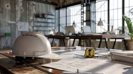 site helmet, several site plan, carpenter's equipment, place on a table, in an office,​