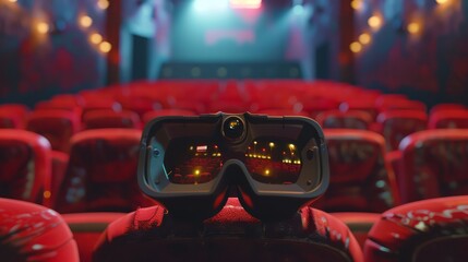 3d vr glasses on movie theater seat inside cinema - obrazy, fototapety, plakaty