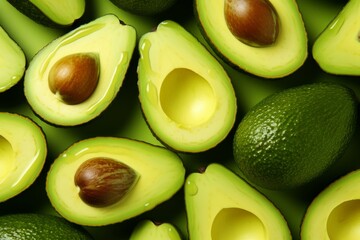 Many fresh ripe avocados on pastel background,top view  food concept Generative Ai.