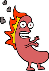 hand drawn doodle style cartoon flaming hotdog