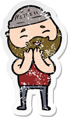 distressed sticker of a cartoon happy bearded man