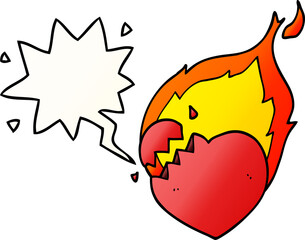 cartoon flaming heart and speech bubble in smooth gradient style