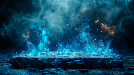 Blue fire with blue flames on a slate plate with dark background and smoke - obrazy, fototapety, plakaty