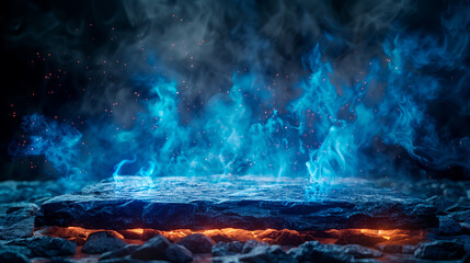 Fototapeta premium Blue fire with blue flames on a slate plate with dark background and smoke