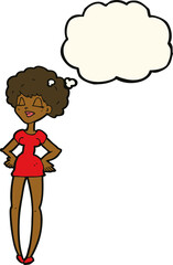 cartoon happy woman with hands on hips with thought bubble