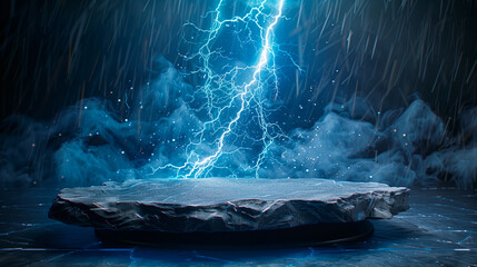 Blue lightning strike on a slate plate against a black background - obrazy, fototapety, plakaty