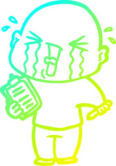 cold gradient line drawing cartoon crying man with clipboard