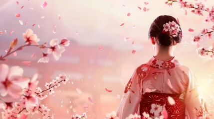 Spring season shoot of an asian woman wearing a kimono and falling cherry blossoms japanese culture