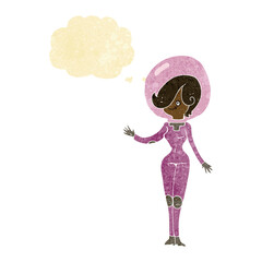 cartoon space woman with thought bubble