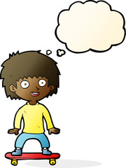 cartoon boy on skateboard with thought bubble