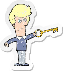 retro distressed sticker of a cartoon man with key