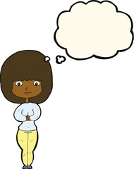 cartoon shy woman with thought bubble