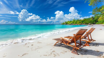 Two inviting wooden chairs beckon relaxation on a pristine sand beach - obrazy, fototapety, plakaty