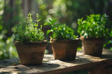 a group of potted plants on a wood surface
