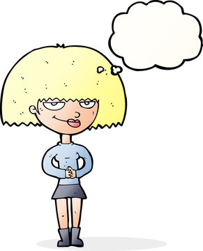 cartoon sly woman with thought bubble