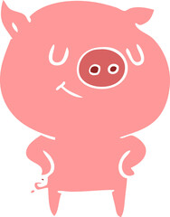 happy flat color style cartoon pig