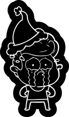 cartoon icon of a crying man wearing santa hat