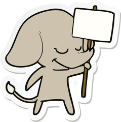 sticker of a cartoon smiling elephant with placard