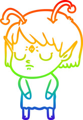 rainbow gradient line drawing cartoon alien girl